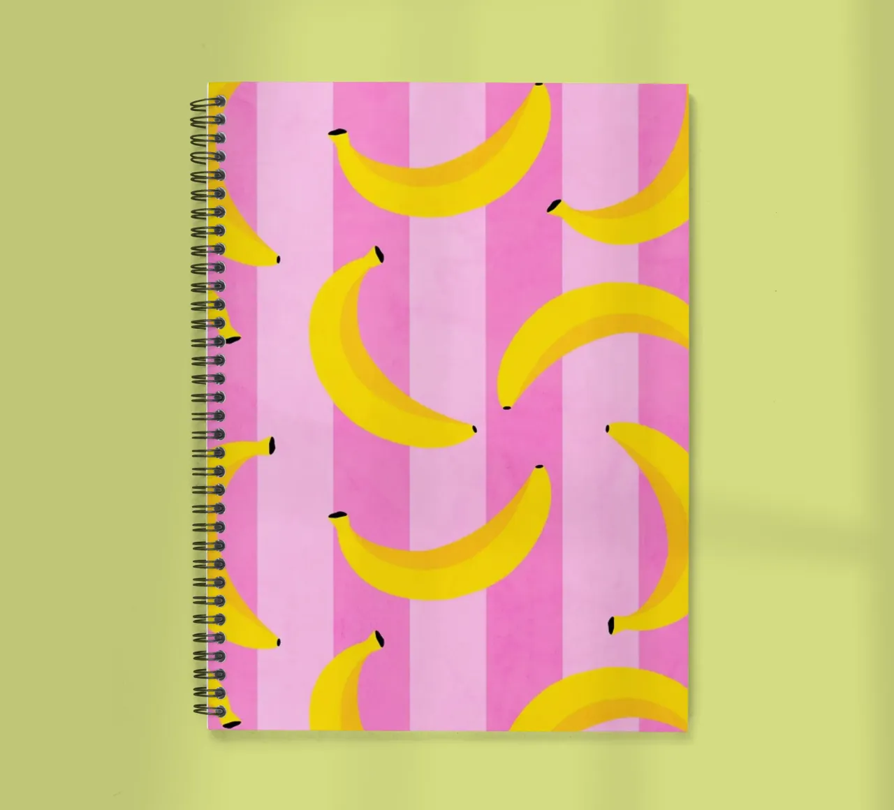Neon Bananas Pattern on Pink Stripes spiral notebook by Dominique Vari