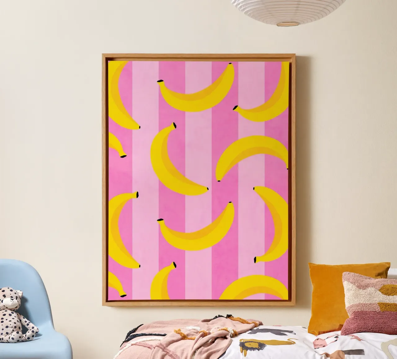 Neon Bananas Pattern on Pink Stripes canvas by Dominique Vari