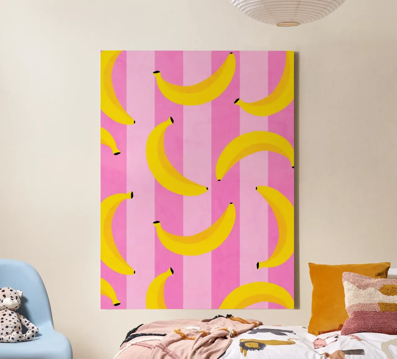 Neon Bananas Pattern on Pink Stripes canvas by Dominique Vari