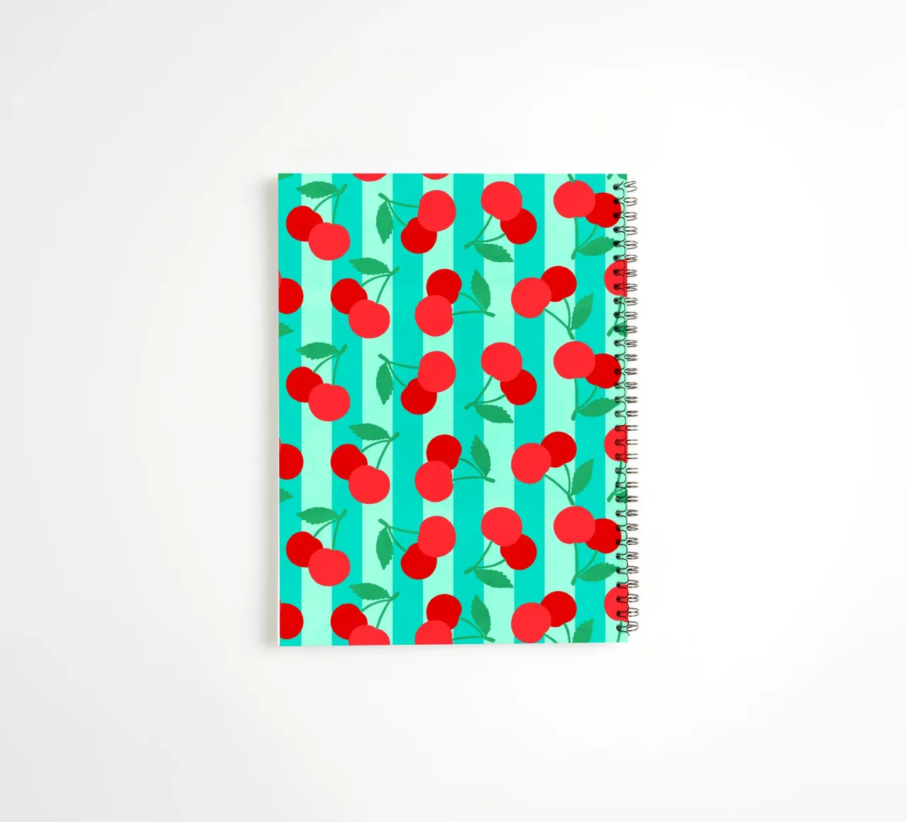 Bold Cherries Pattern on Aqua Turquoise Stripes spiral notebook by Dominique Vari
