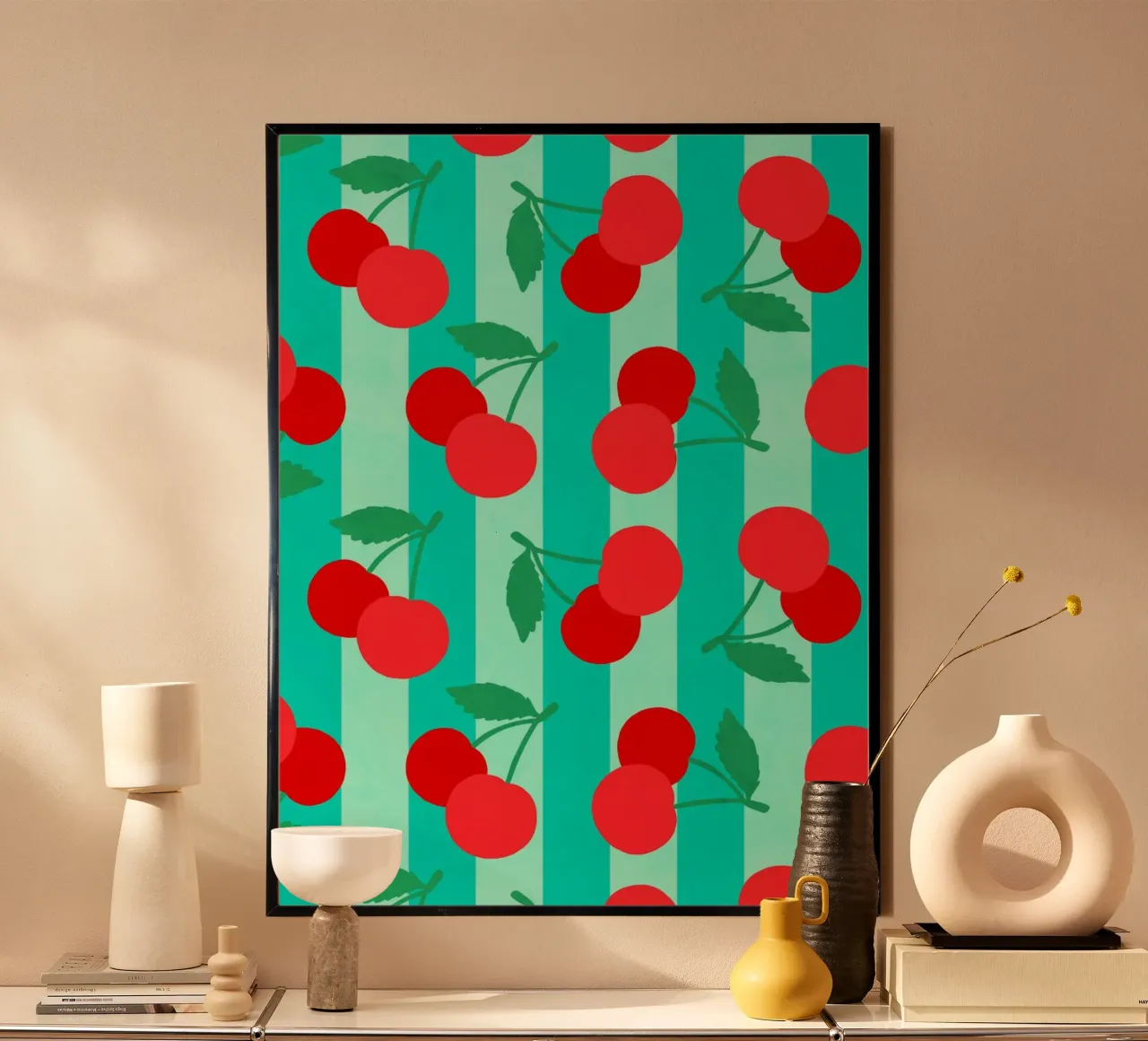 Bold Cherries Pattern on Aqua Turquoise Stripes poster by Dominique Vari