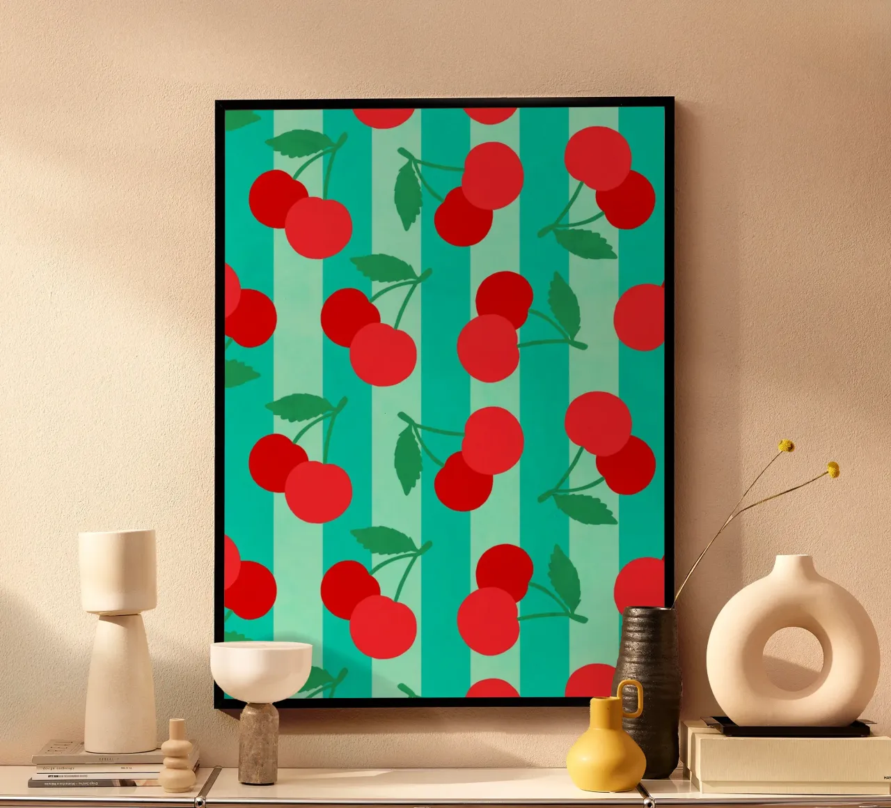 Bold Cherries Pattern on Aqua Turquoise Stripes poster by Dominique Vari