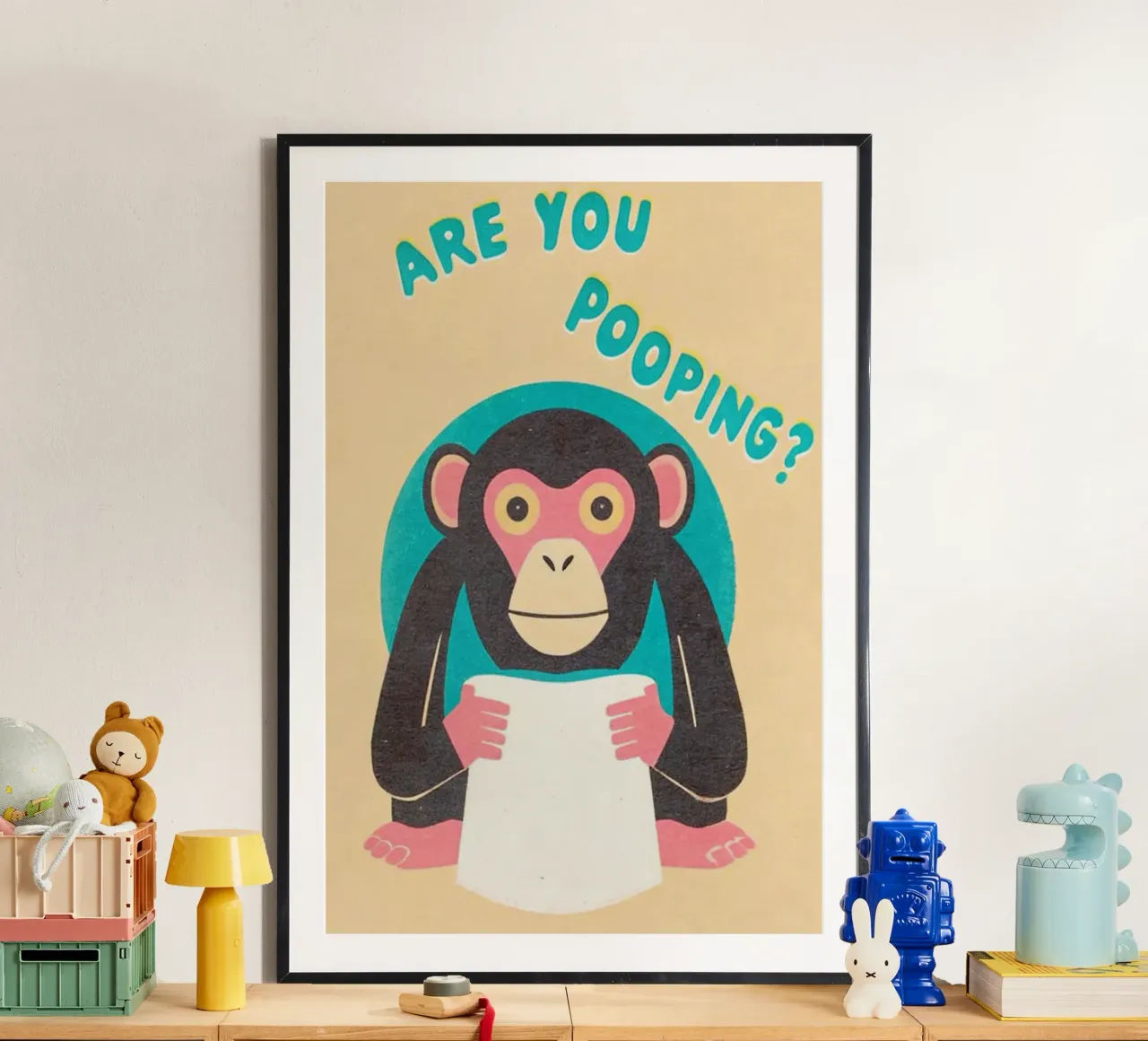 mono divertido inodoro poster con marco de madera de ralliness