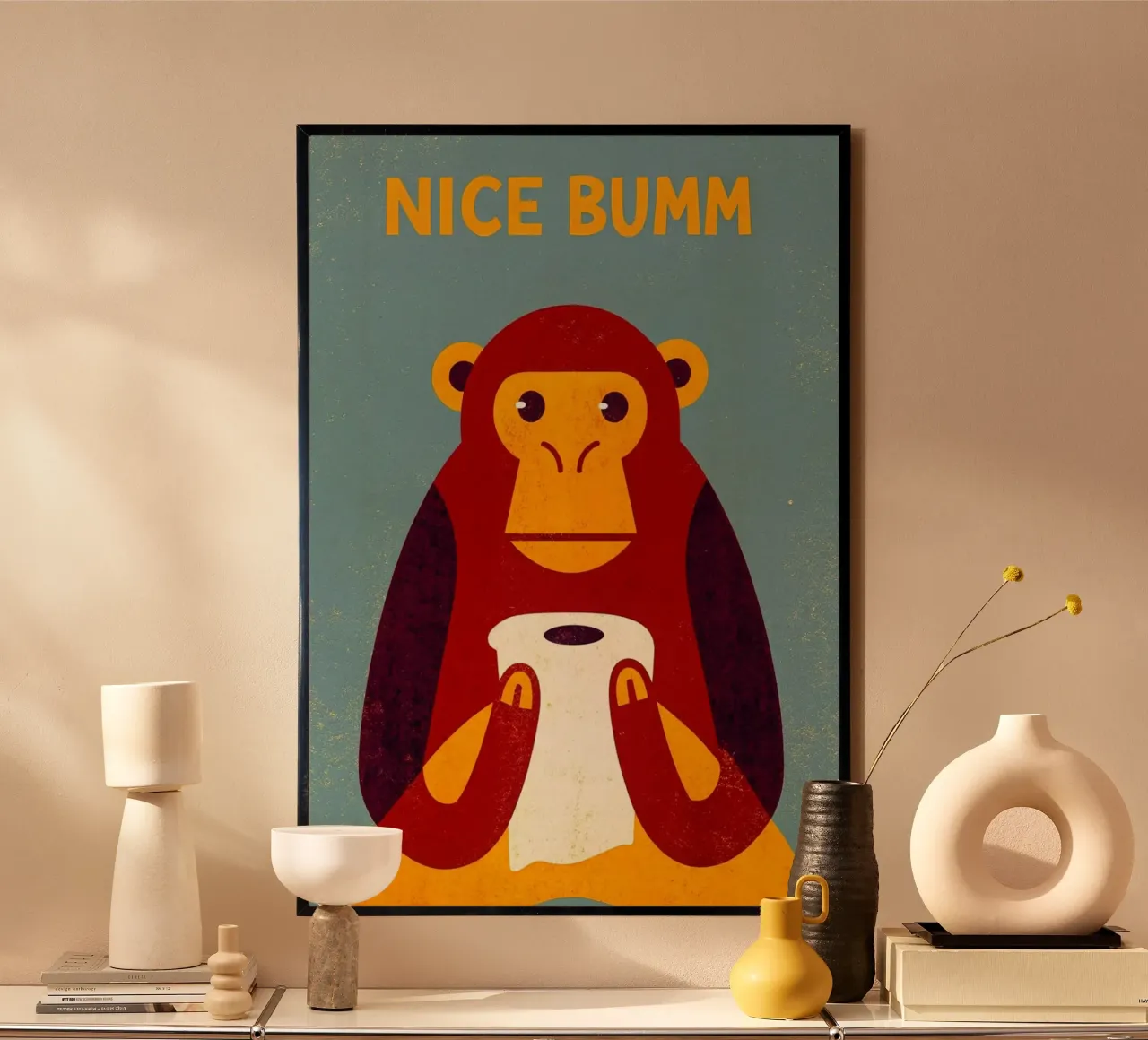 bella scimmia bumm WC divertente poster con telaio in plastica da ralliness