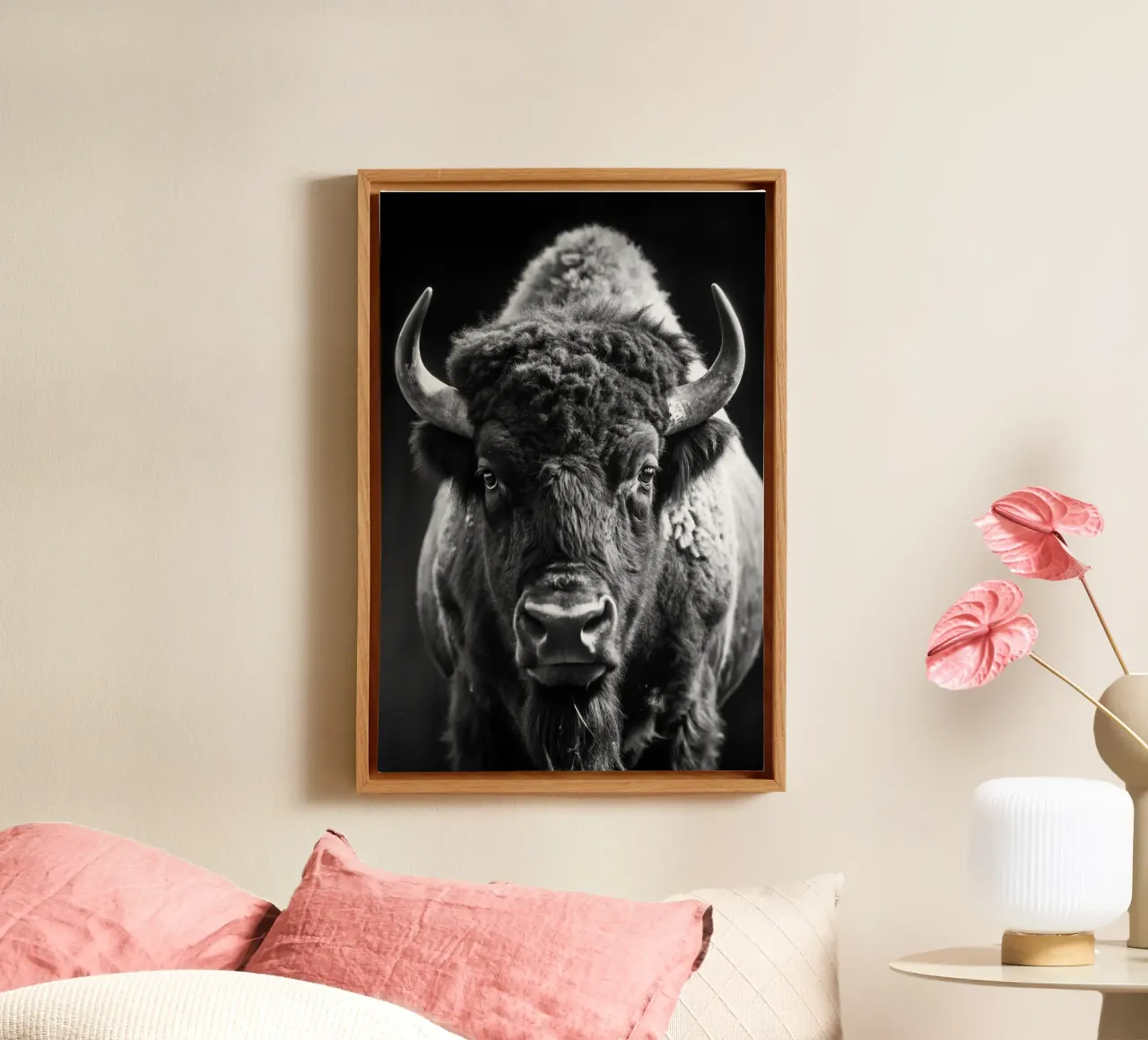 bizon gezicht zwart-wit dierenfotografie canvas met Baklijst van kanayaa