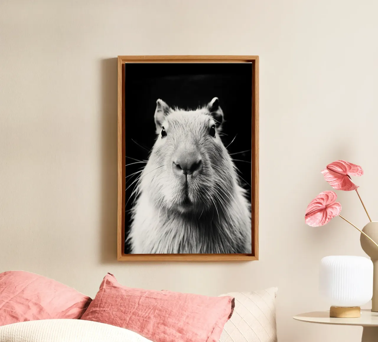 capibara gezicht zwart-wit dierenfotografie canvas met Baklijst van kanayaa