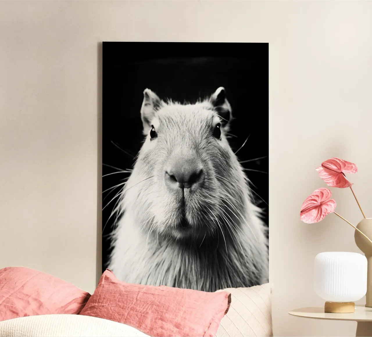 capibara gezicht zwart-wit dierenfotografie canvas met Baklijst van kanayaa
