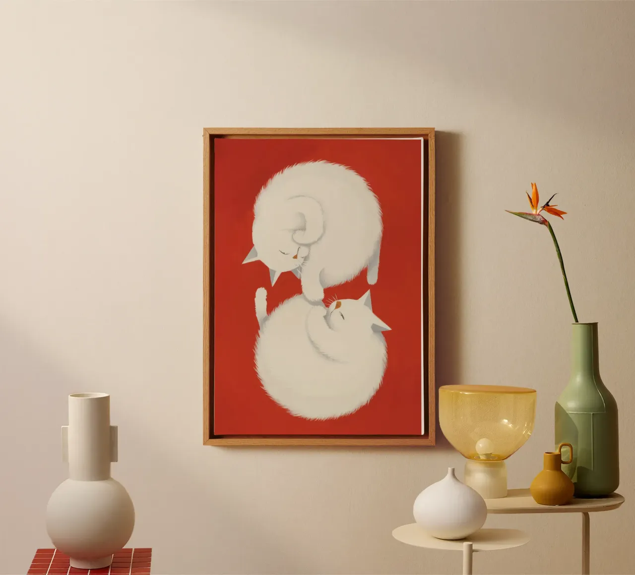 Yin-Yang Kitty Sluimer canvas met Baklijst van Stone Patina