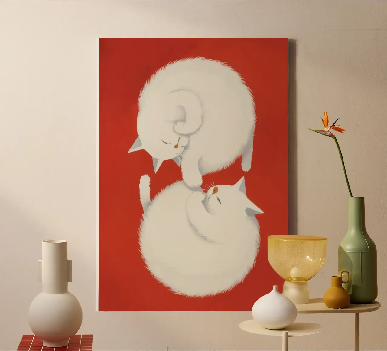 Yin-Yang Kitty Sluimer canvas met Baklijst van Stone Patina