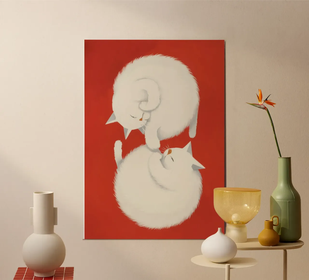 Il sonno del gattino Yin-Yang poster con telaio in legno da Stone Patina