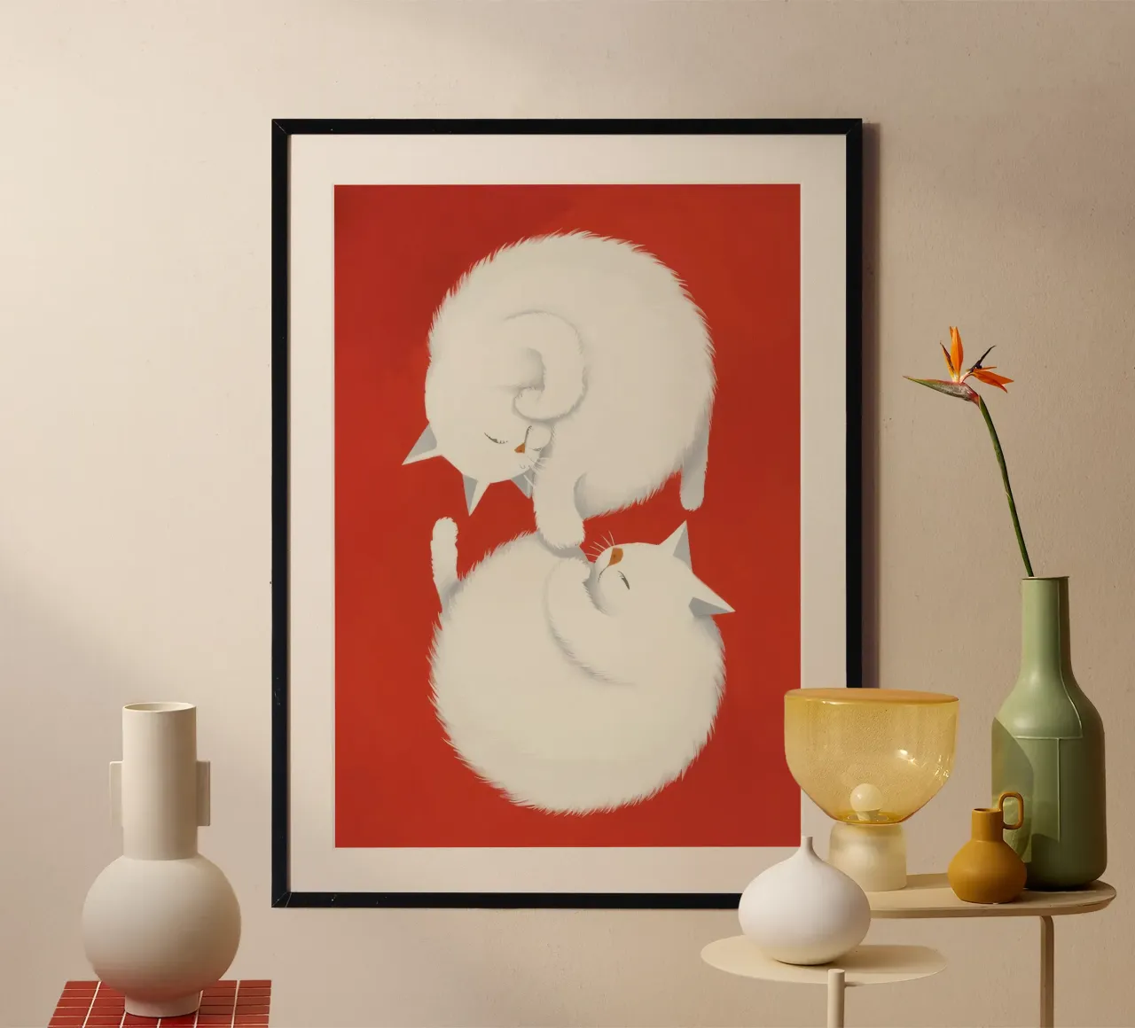Il sonno del gattino Yin-Yang poster con telaio in legno da Stone Patina