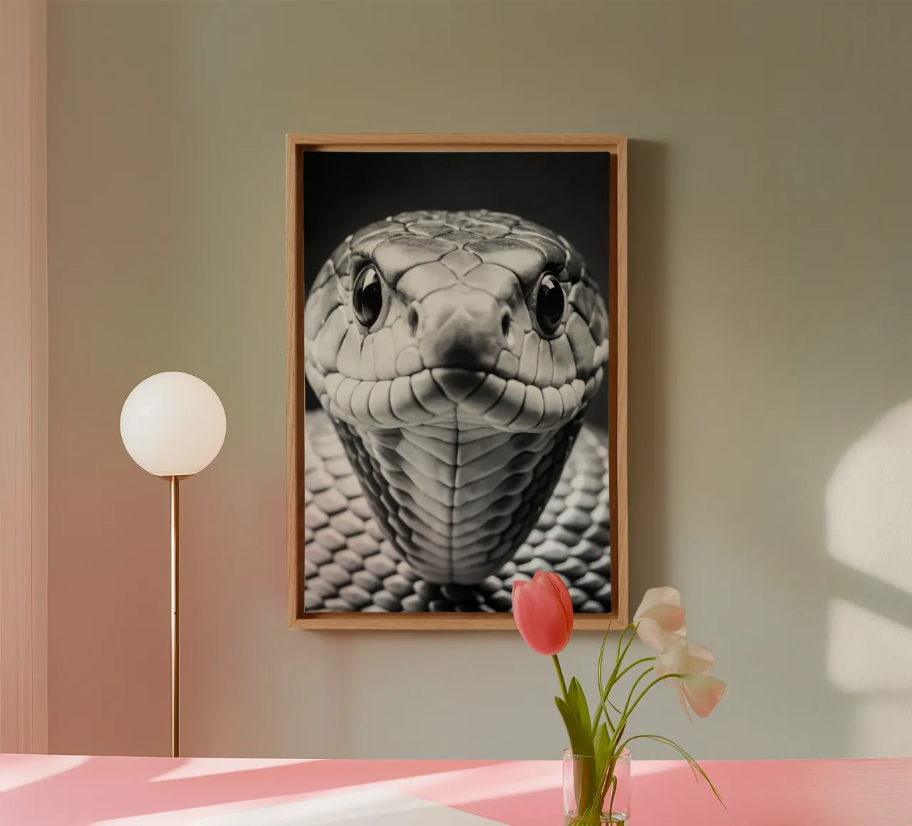 cobra slang gezicht zwart-wit dierenfotografie canvas met Baklijst van kanayaa
