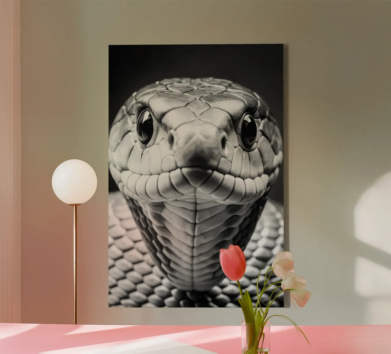 cobra slang gezicht zwart-wit dierenfotografie canvas met Baklijst van kanayaa