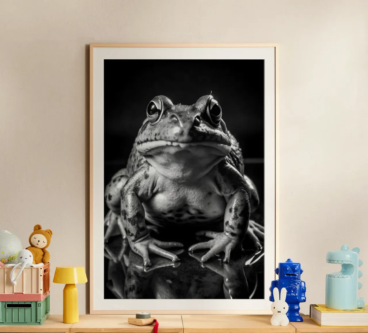 kikkergezicht zwart-wit dierenfotografie poster met kunststof frame van kanayaa