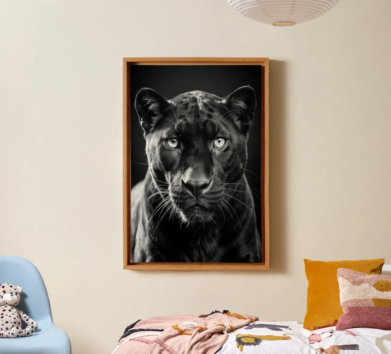 cara de pantera negra fotografia de animales en blanco y negro lienzo con Marco flotante de kanayaa