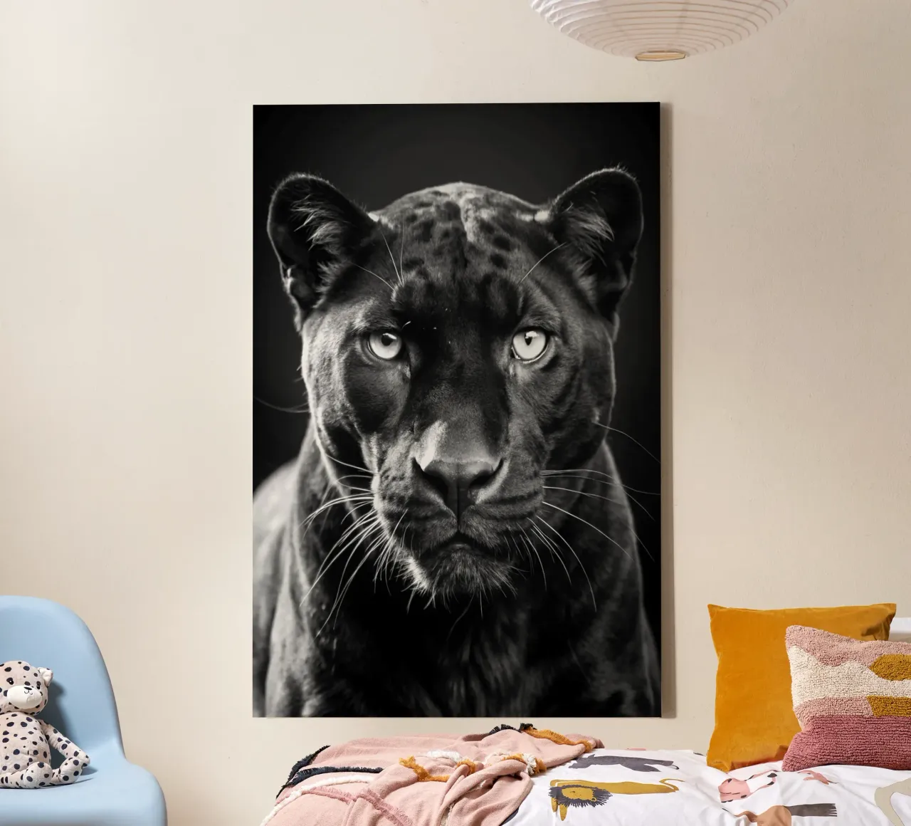 cara de pantera negra fotografia de animales en blanco y negro lienzo con Marco flotante de kanayaa