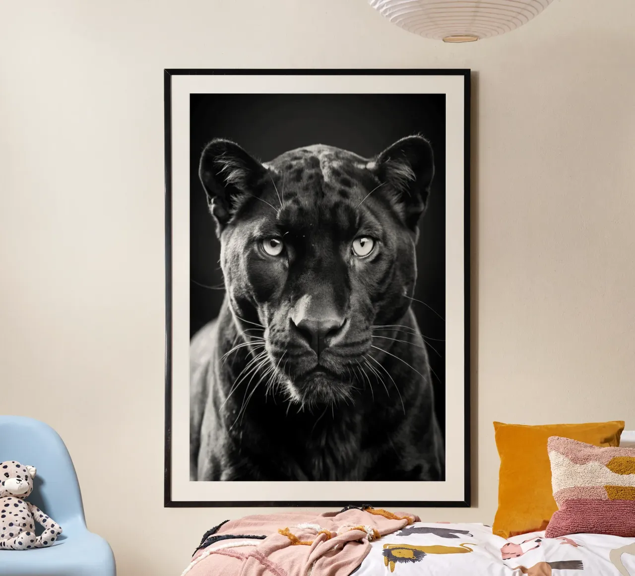 faccia di pantera nera fotografia animale in bianco e nero poster con telaio in alluminio da kanayaa