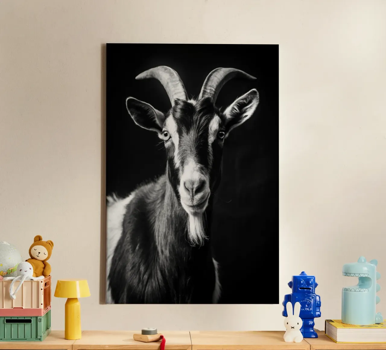 geitengezicht zwart-wit dierenfotografie canvas met Baklijst van kanayaa