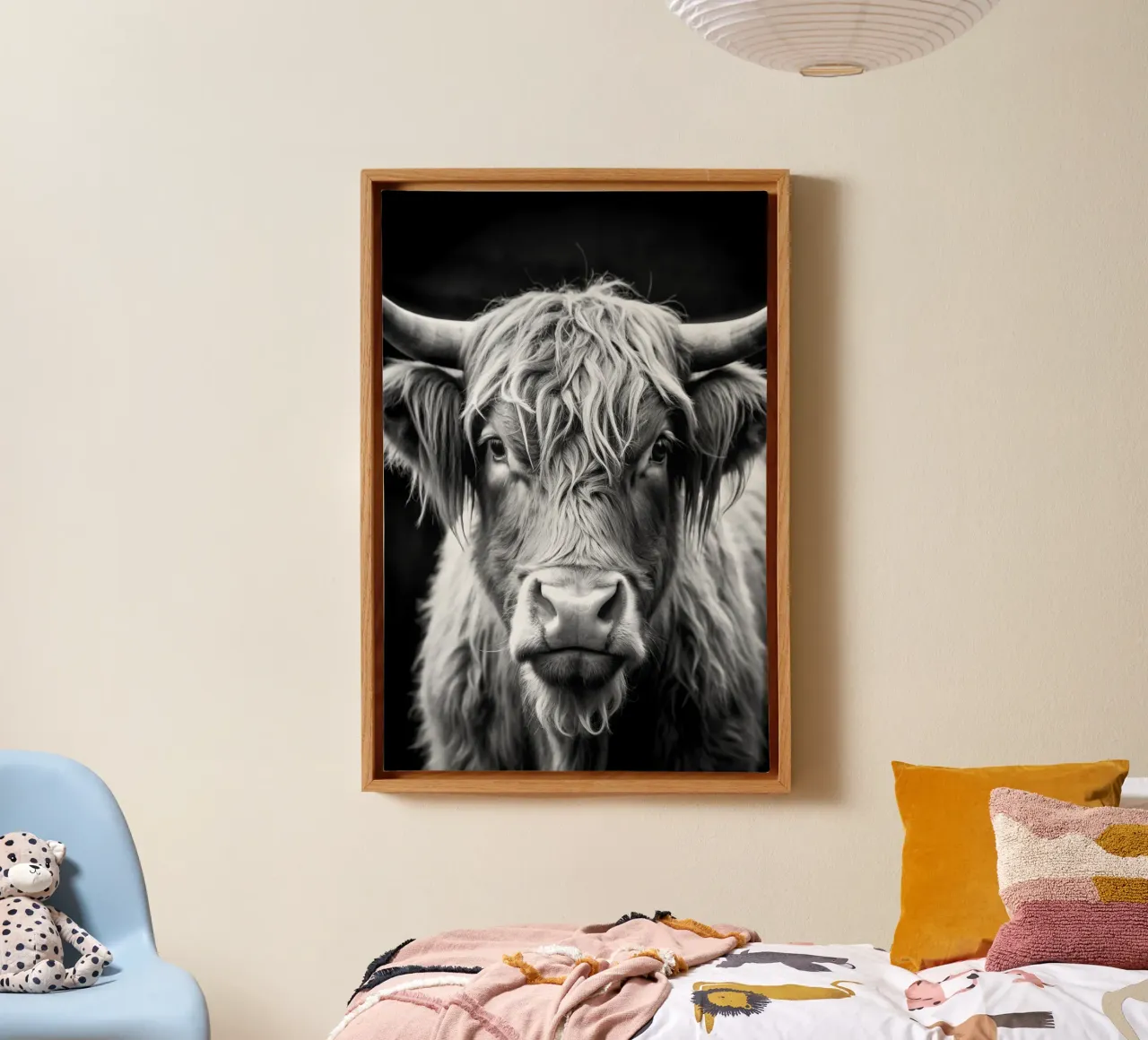 visage de vache des Highlands photographie d'animaux en noir et blanc toile avec Caisse américaine de kanayaa