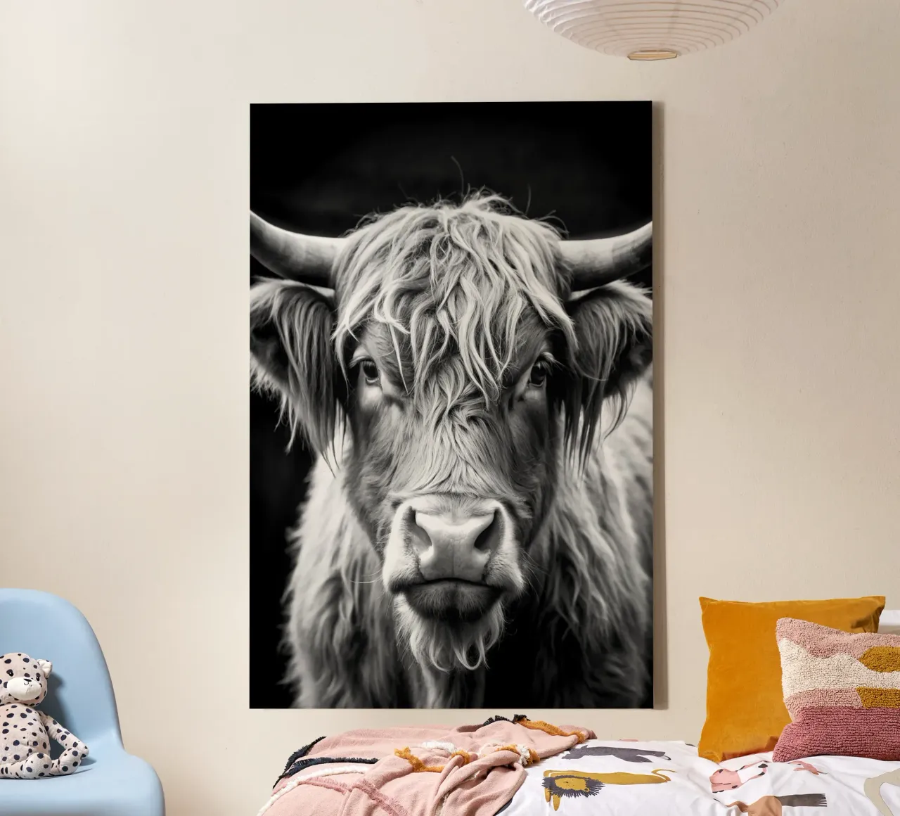 visage de vache des Highlands photographie d'animaux en noir et blanc toile avec Caisse américaine de kanayaa