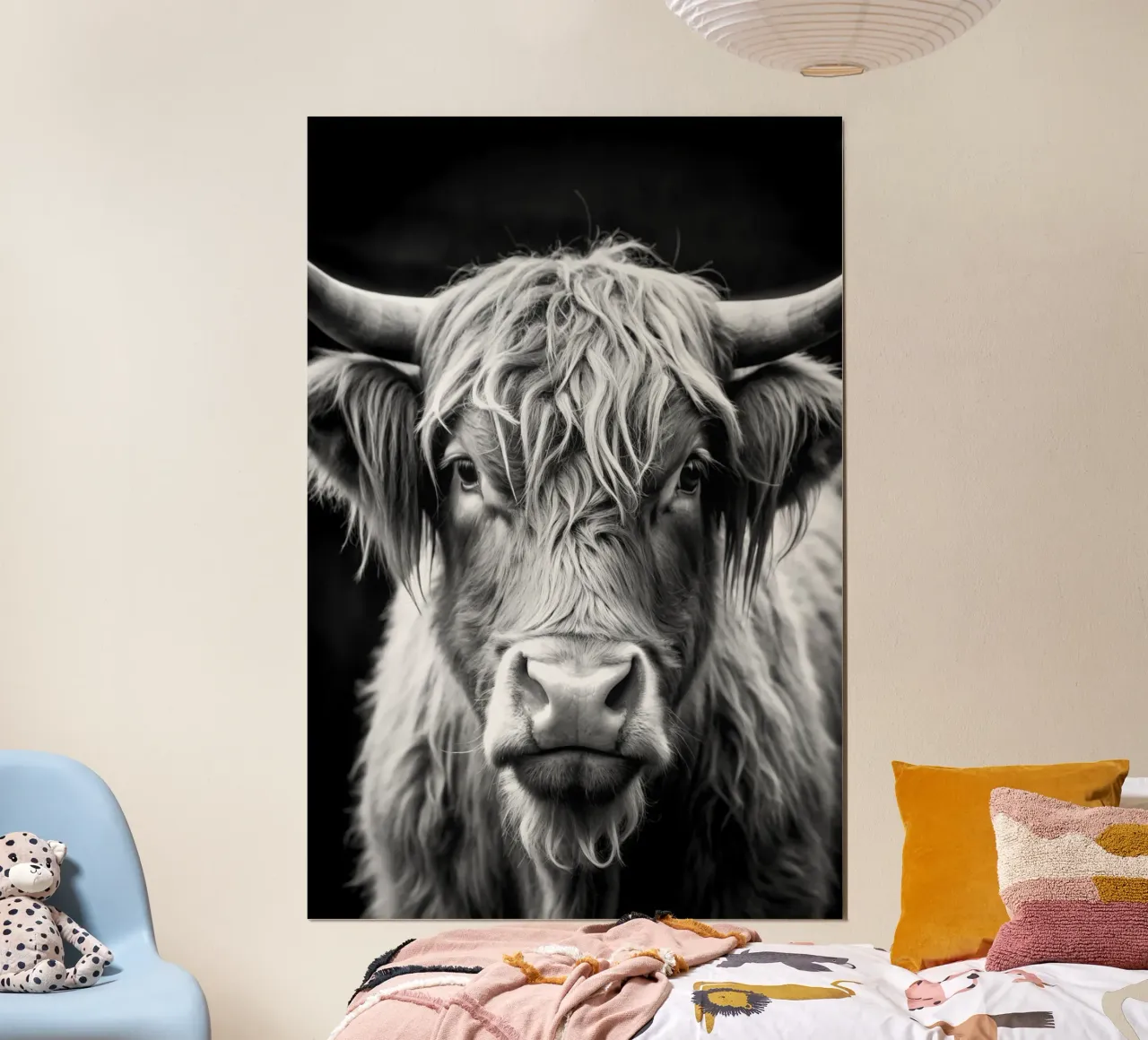 visage de vache des Highlands photographie d'animaux en noir et blanc poster de kanayaa