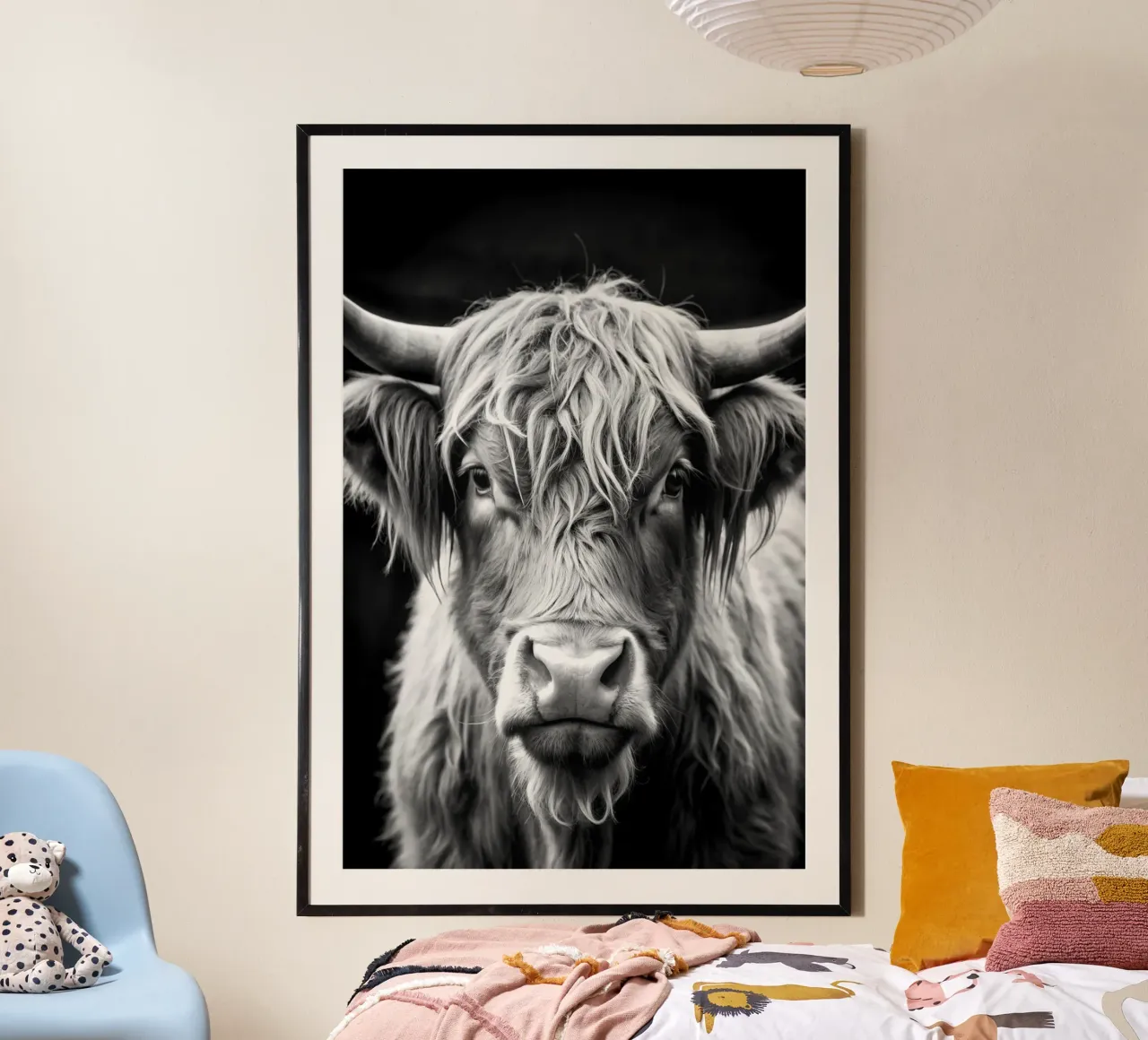 visage de vache des Highlands photographie d'animaux en noir et blanc poster de kanayaa