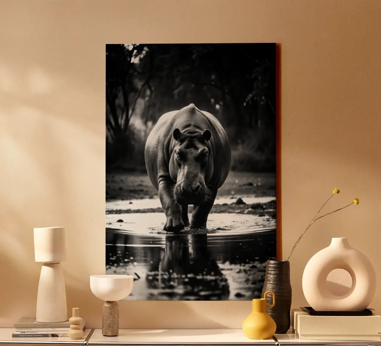 nijlpaard zwart-wit dierenfotografie canvas met Baklijst van kanayaa