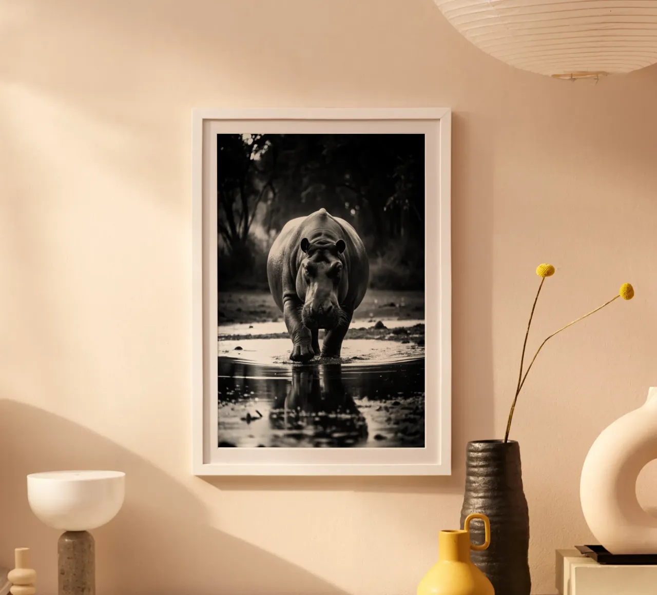nijlpaard zwart-wit dierenfotografie poster met houten frame van kanayaa