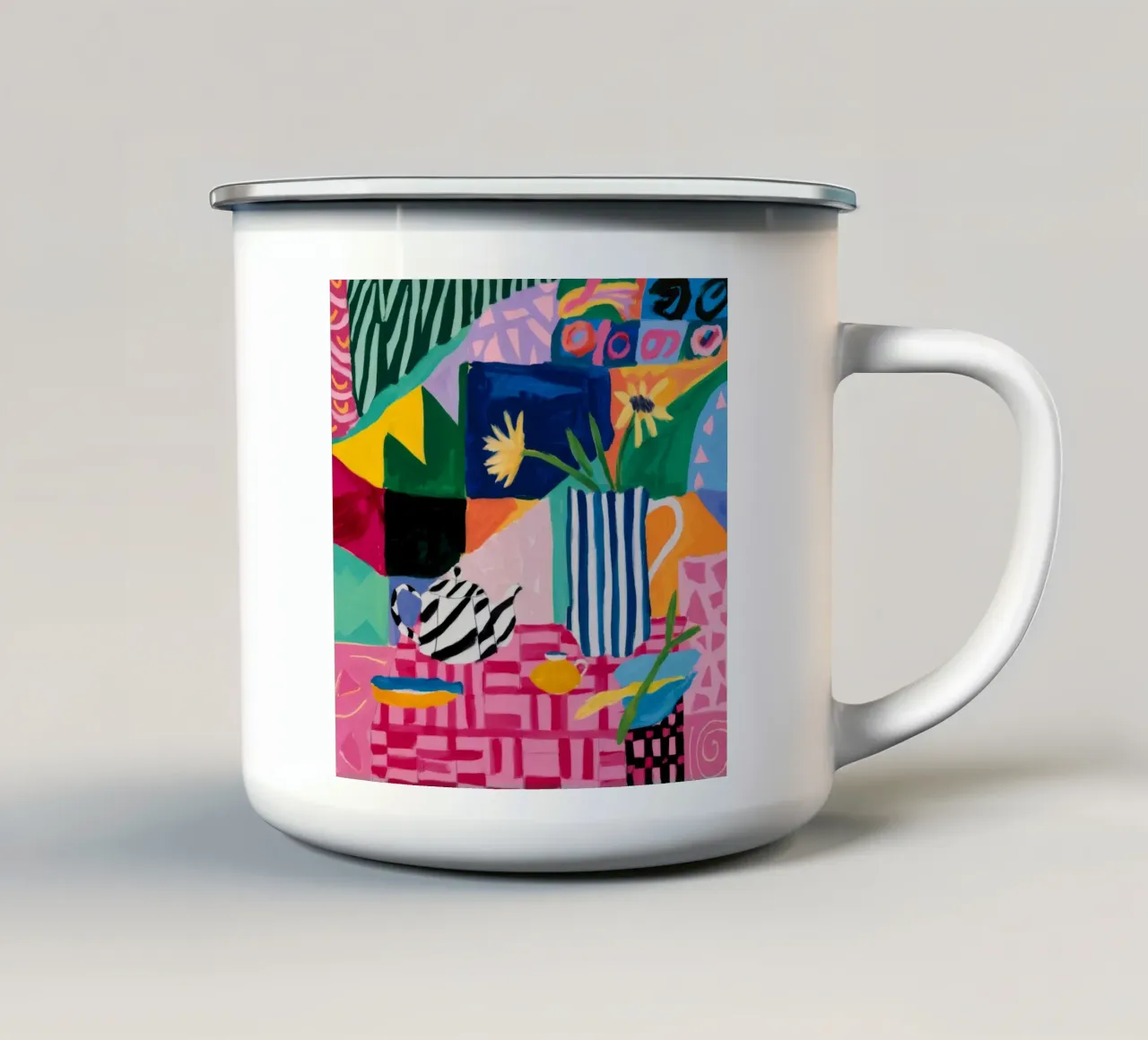 Alegre colisión de patrones taza de esmalte de Ember Stone