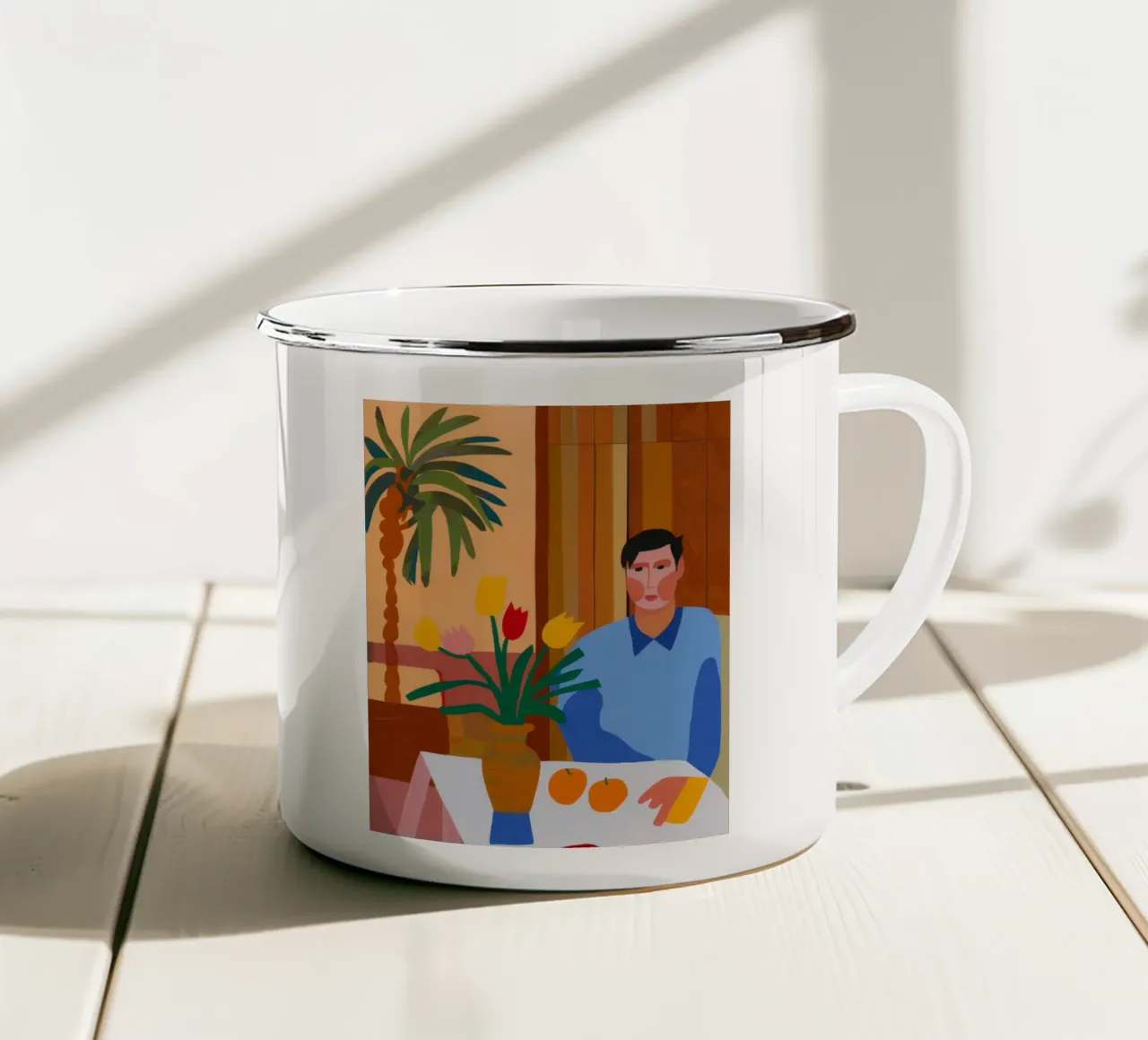 Peinzende palm houding emaille mok van Haven Mirage