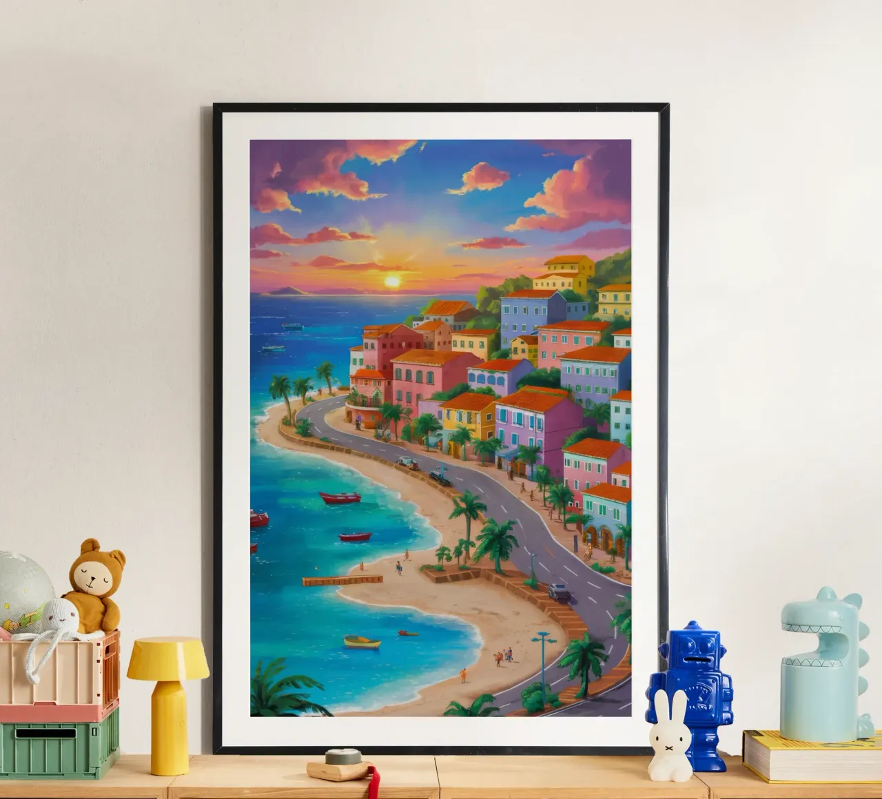 Tramonto Splendore costiero poster con telaio in plastica da Chroma Haven
