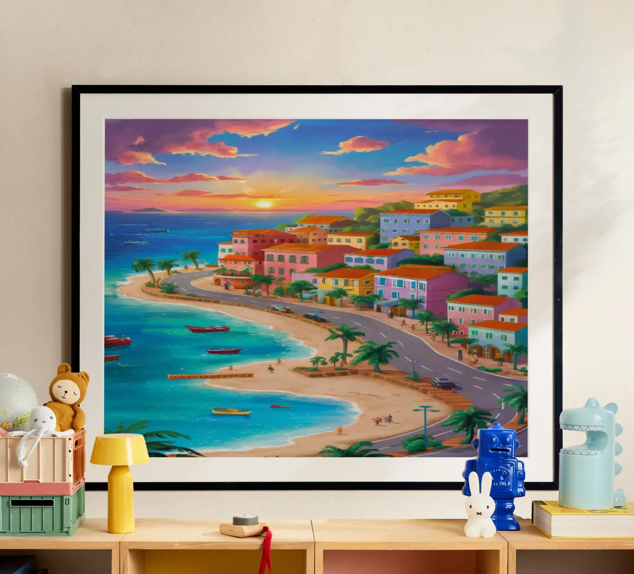 Tramonto Splendore costiero poster con telaio in plastica da Chroma Haven