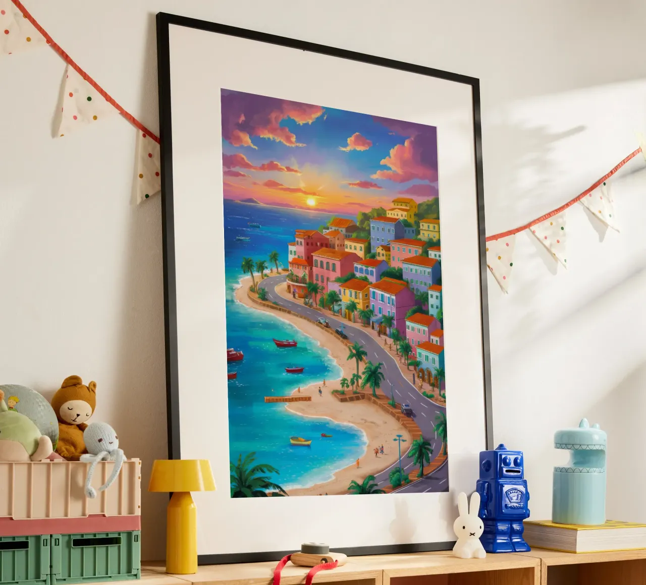 Tramonto Splendore costiero poster con telaio in plastica da Chroma Haven