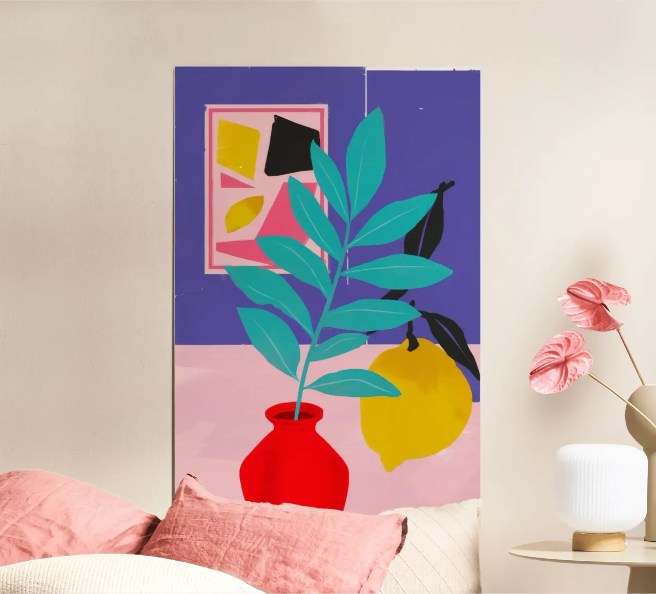 Gioia della natura morta al limone poster con telaio in plastica da Chroma Haven