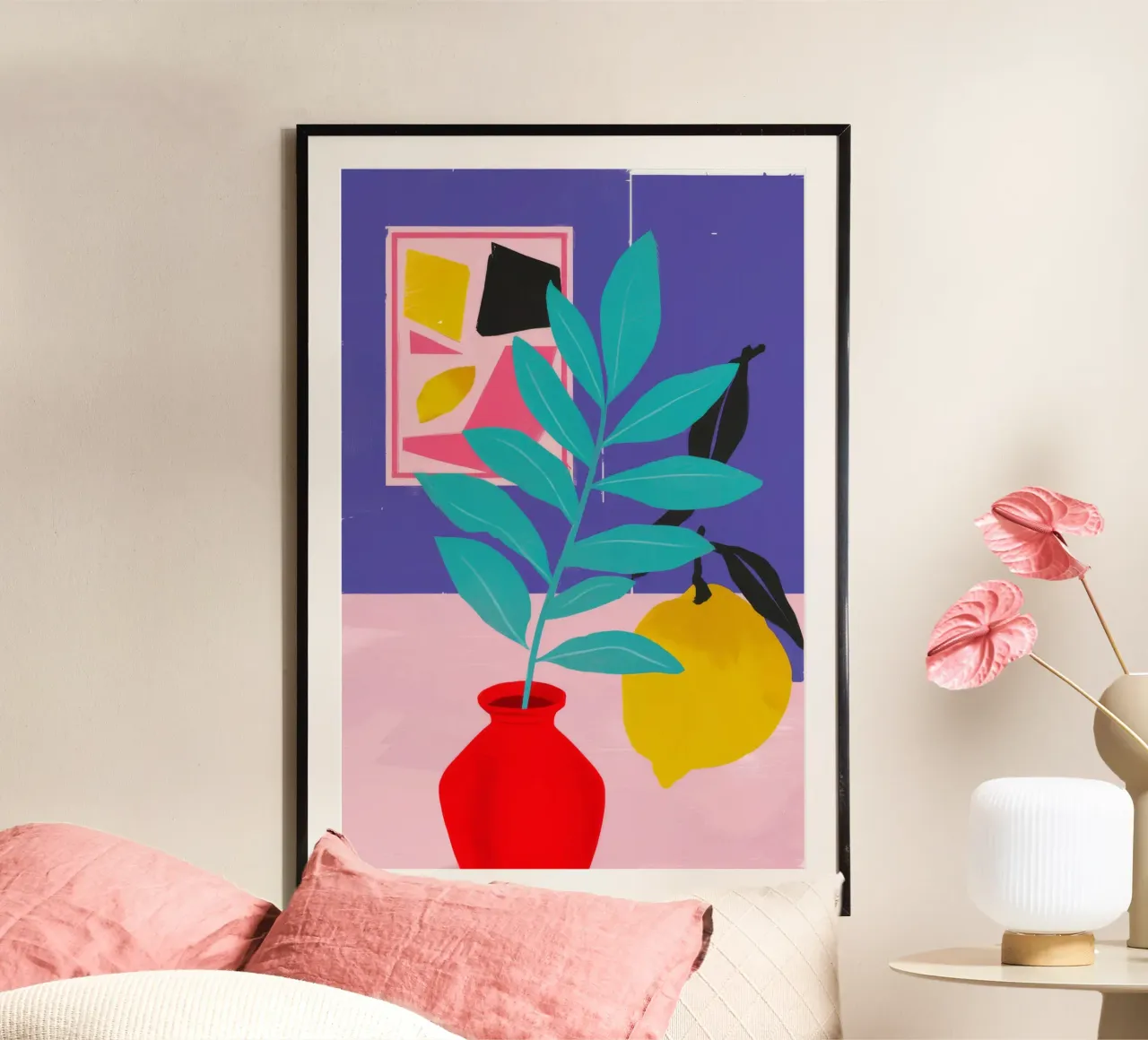 Gioia della natura morta al limone poster con telaio in plastica da Chroma Haven