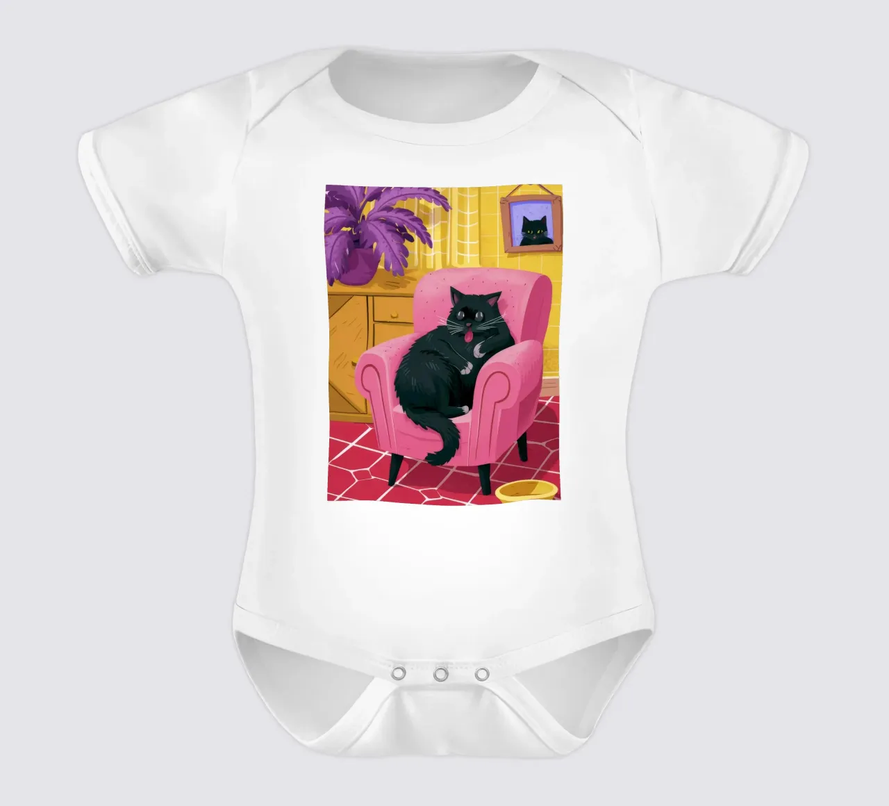 Regal Black Cat short-sleeve baby romper by Chroma Haven