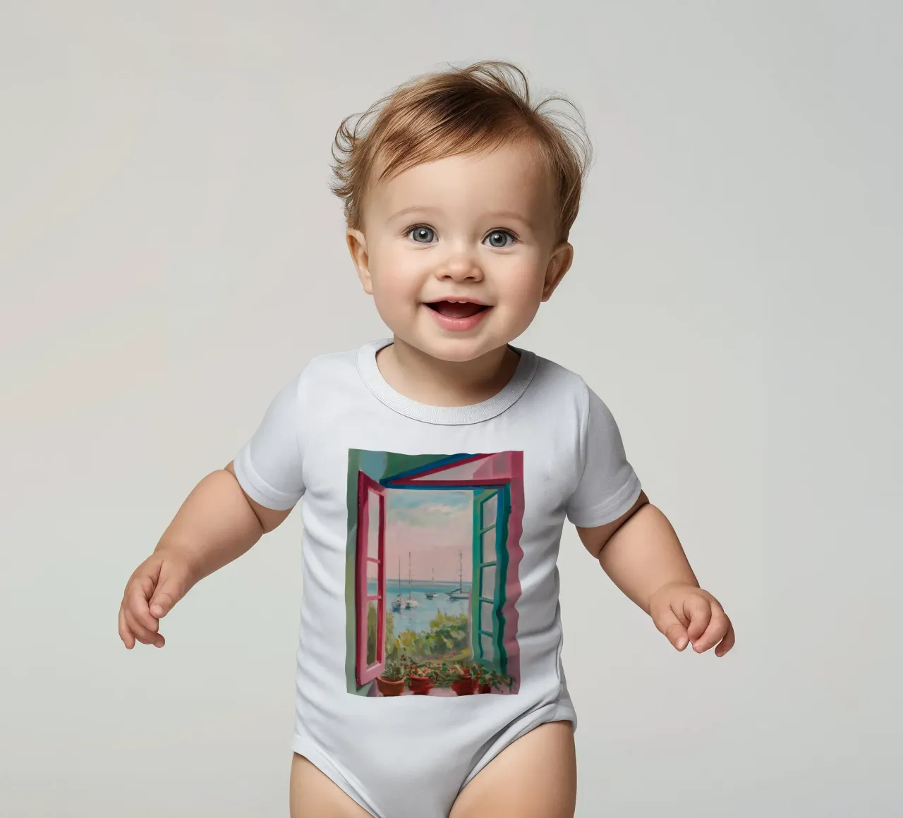 Seaside Window Escape short-sleeve baby romper by Chroma Haven