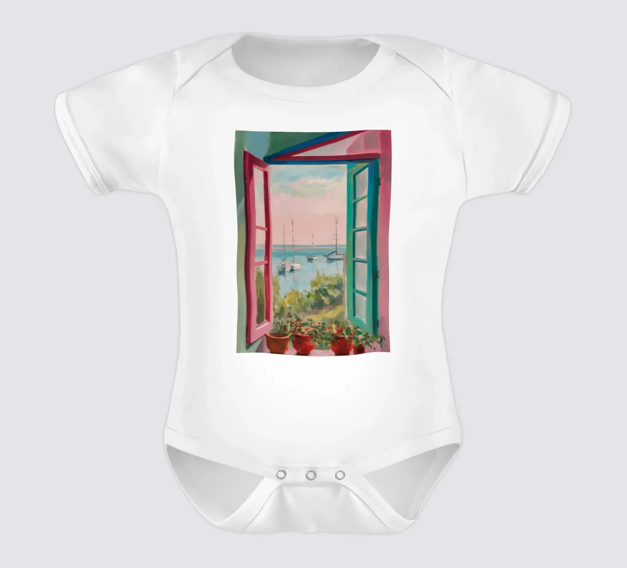Seaside Window Escape short-sleeve baby romper by Chroma Haven