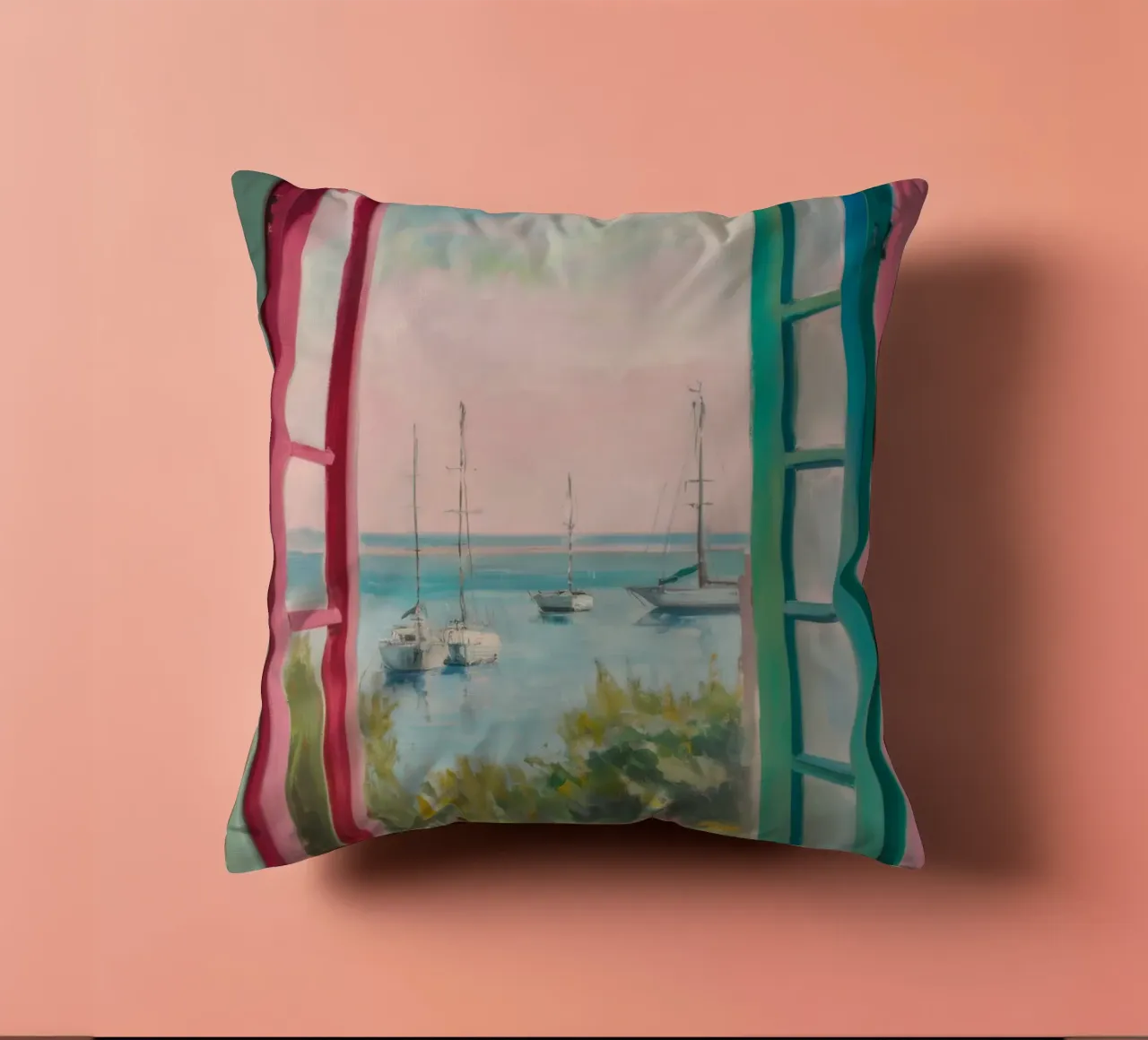 Seaside Window Escape decorative cushion by Chroma Haven