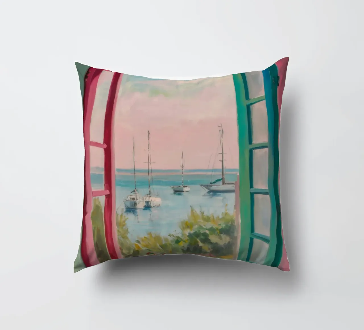 Seaside Window Escape decorative cushion by Chroma Haven