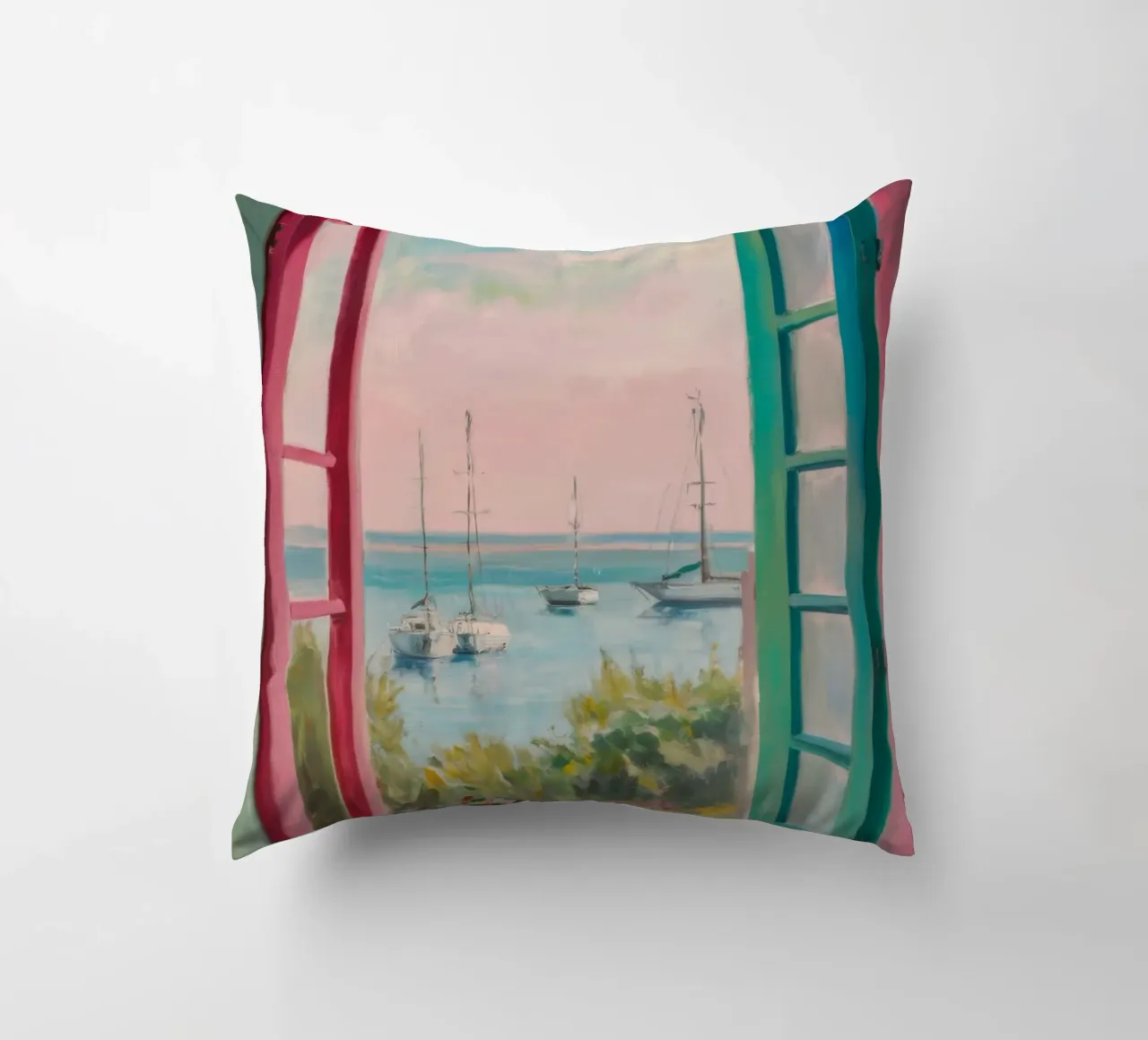 Seaside Window Escape decorative cushion by Chroma Haven