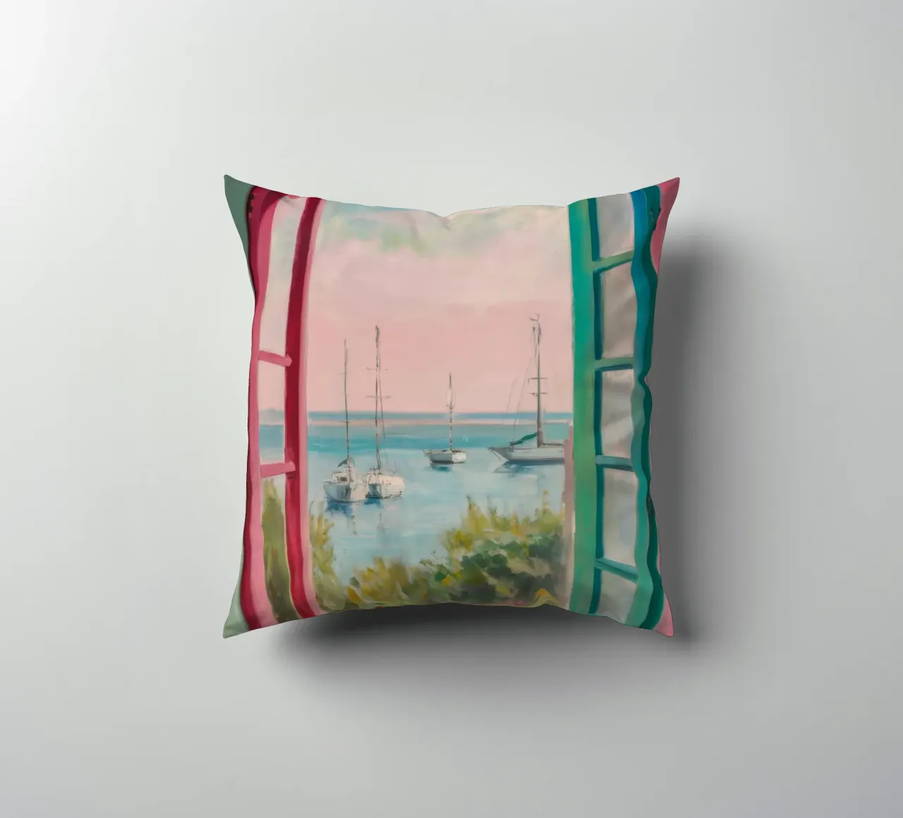 Seaside Window Escape decorative cushion by Chroma Haven