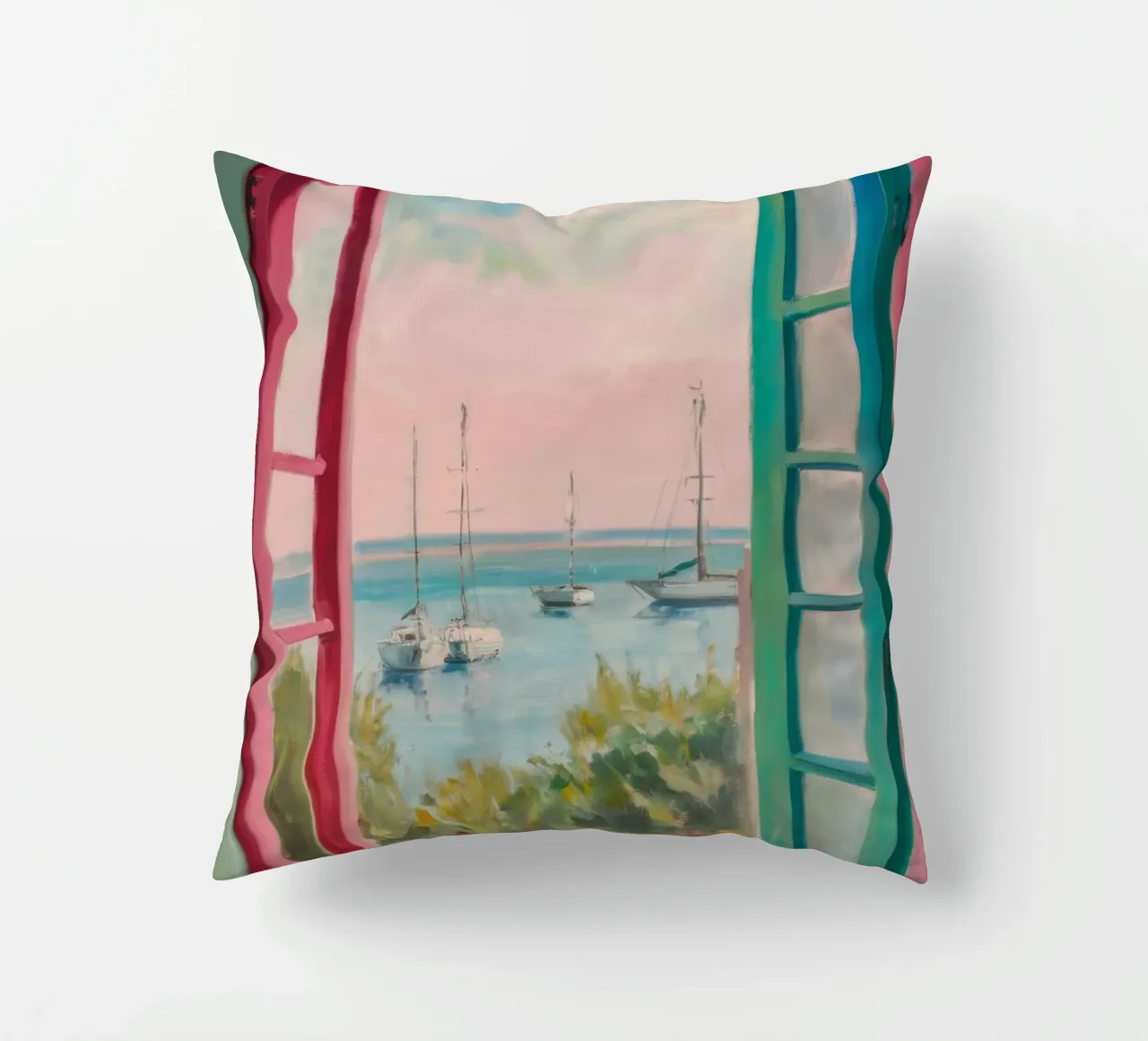 Seaside Window Escape decorative cushion by Chroma Haven