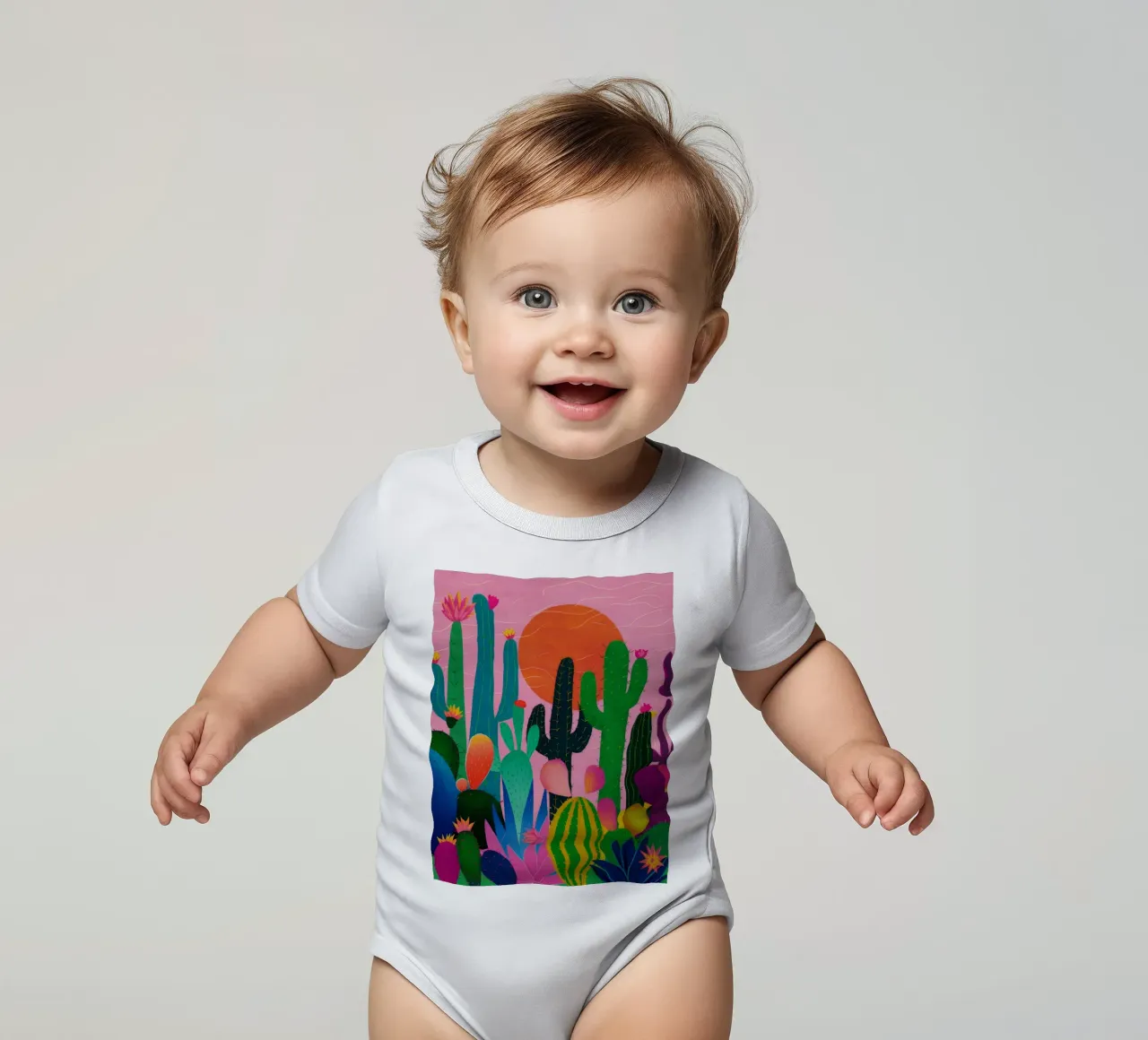 Desert Bloom Sunset short-sleeve baby romper by Haven Mirage