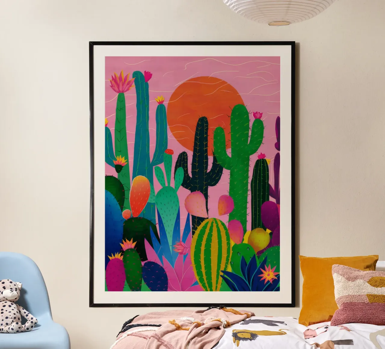 Tramonto con fioritura nel deserto poster con telaio in legno da Haven Mirage