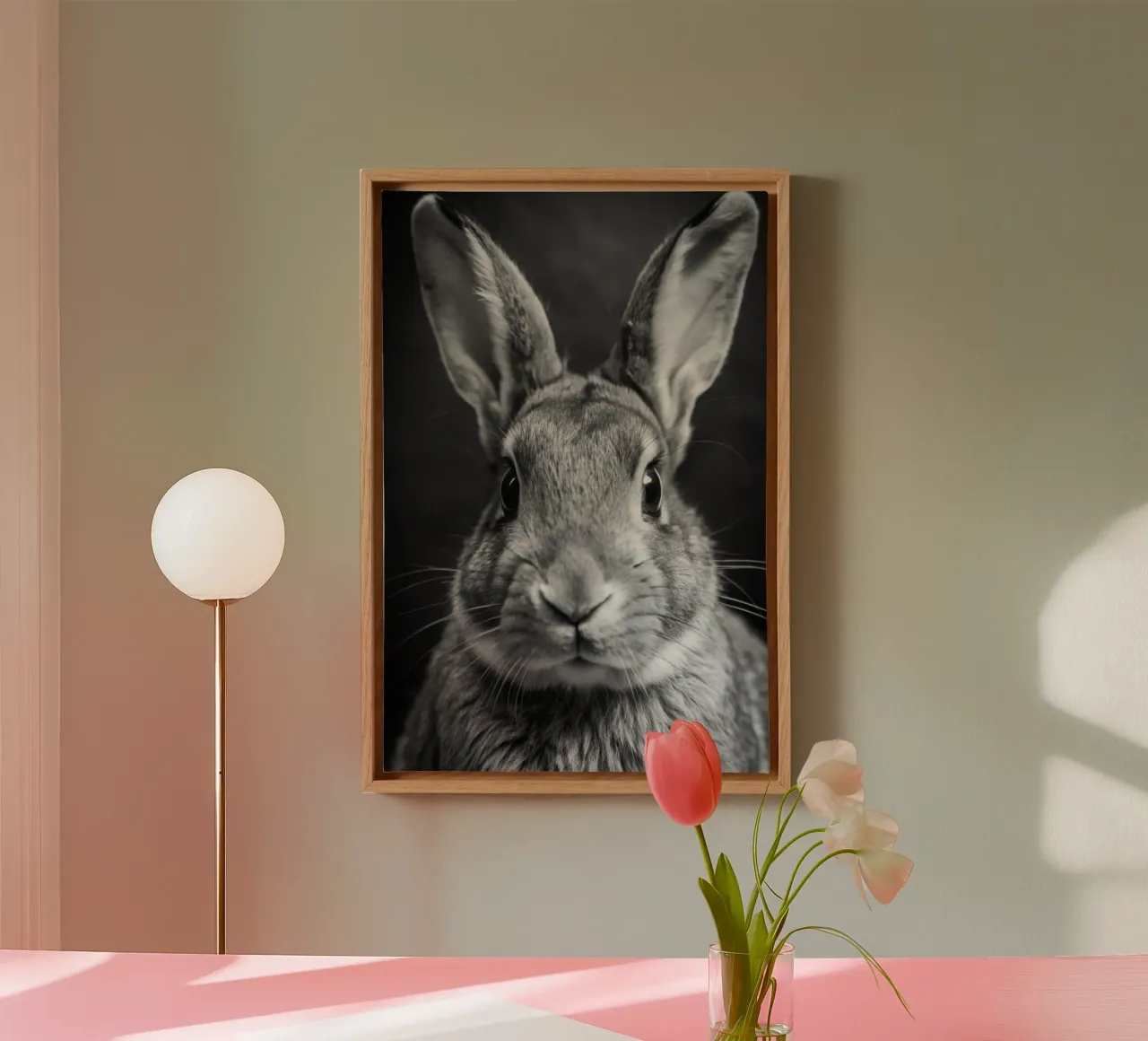 konijnengezicht zwart-wit dierenfotografie canvas met Baklijst van kanayaa