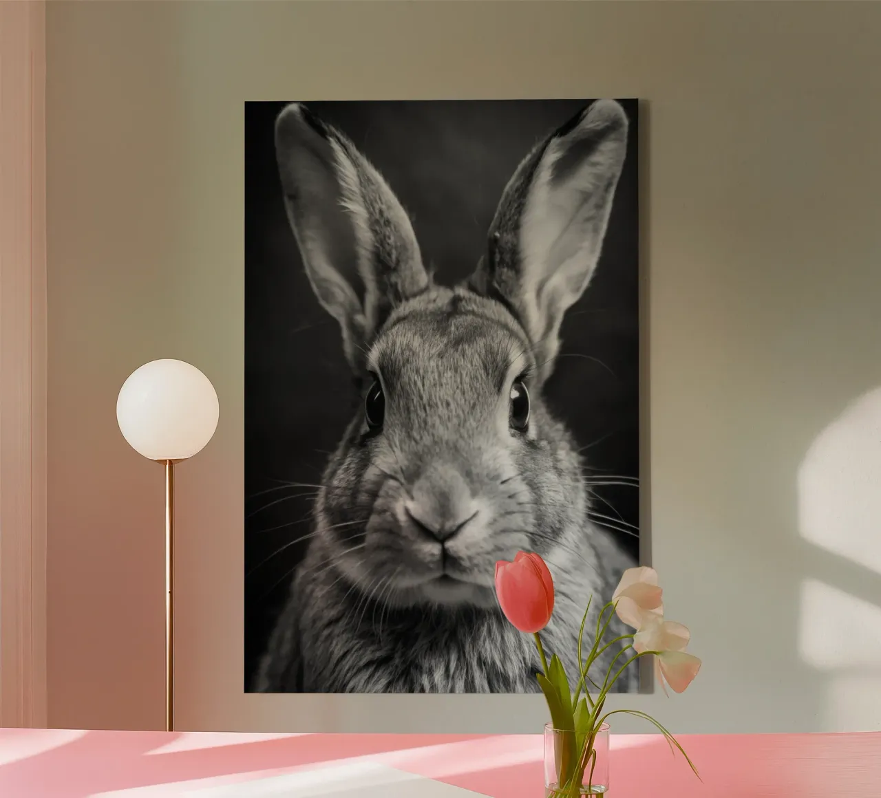 konijnengezicht zwart-wit dierenfotografie canvas met Baklijst van kanayaa