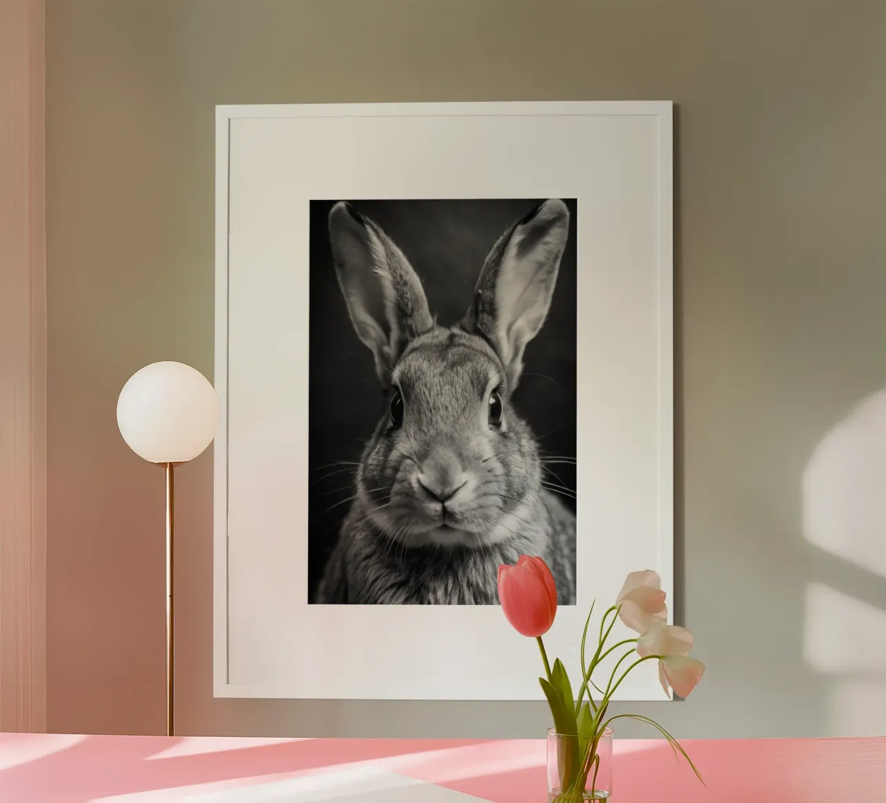 faccia di coniglio fotografia animale in bianco e nero poster con telaio in plastica da kanayaa