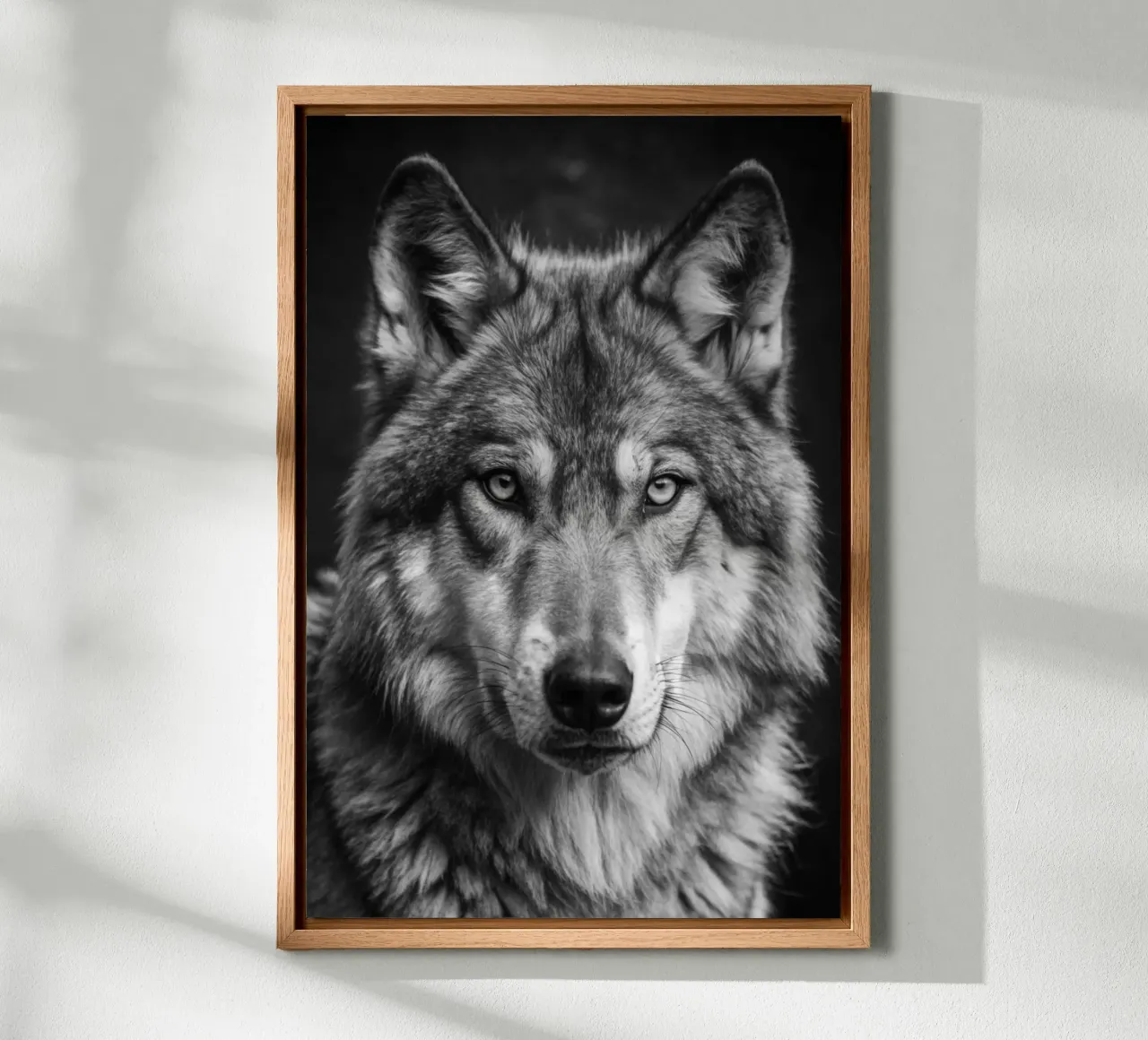 wolfsgezicht zwart-wit dierenfotografie canvas met Baklijst van kanayaa