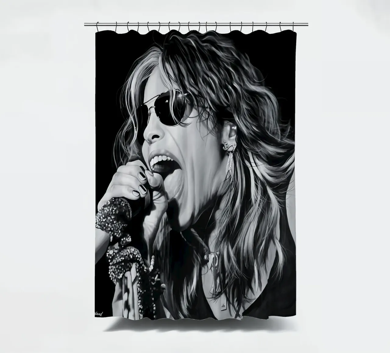 Mils Kenedy black white shower curtain by Greatest Figure